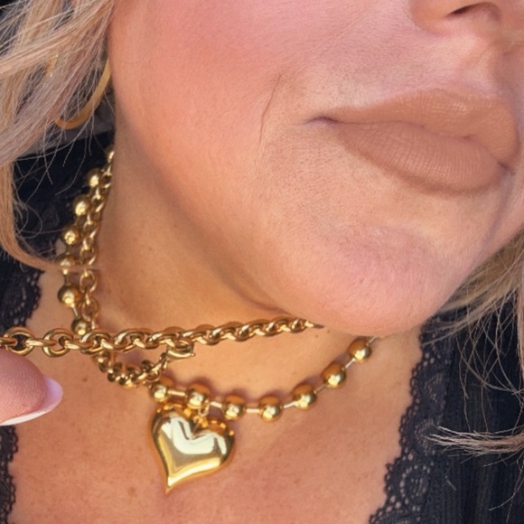 18k Gold plated Beaded Heart Necklace Waterproof & Lifetime Guaranteed - Picture 1 of 3